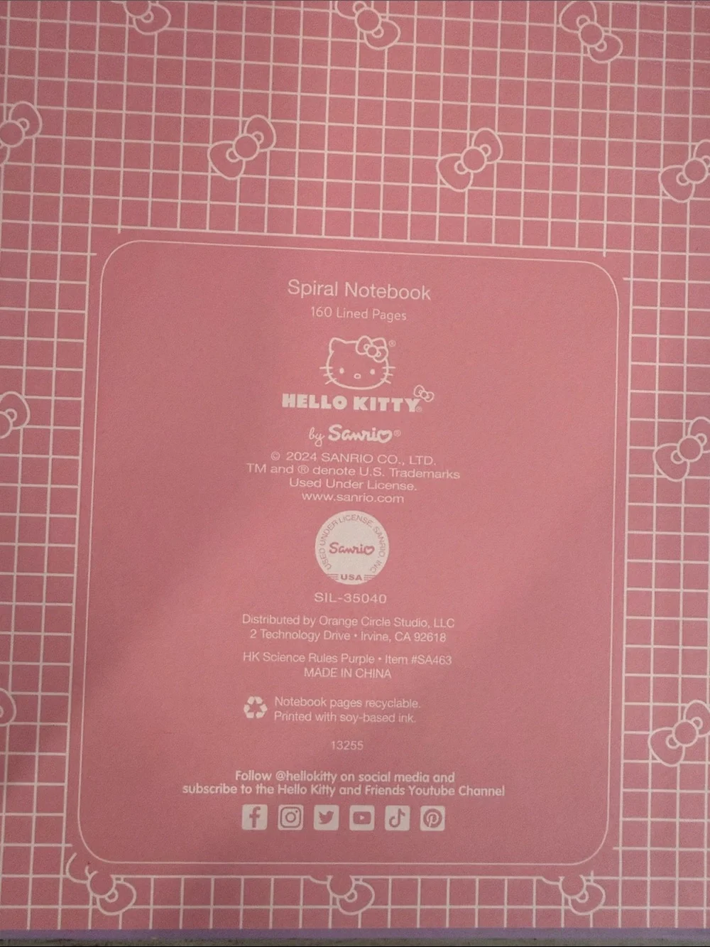 Sanrio Hello Kitty Purple Spiral Notebook - school themed